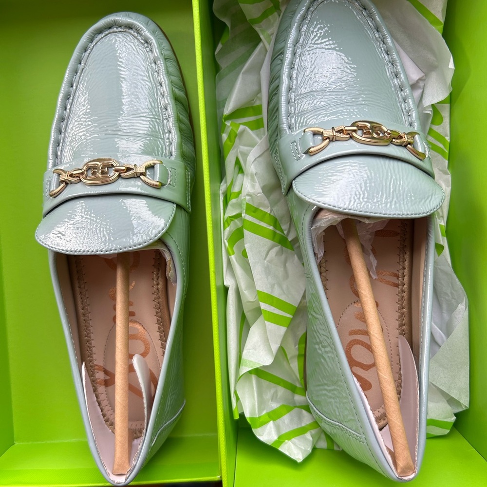 Sam Edelman Mint Green Patent Leather Loafers with Gold Chain